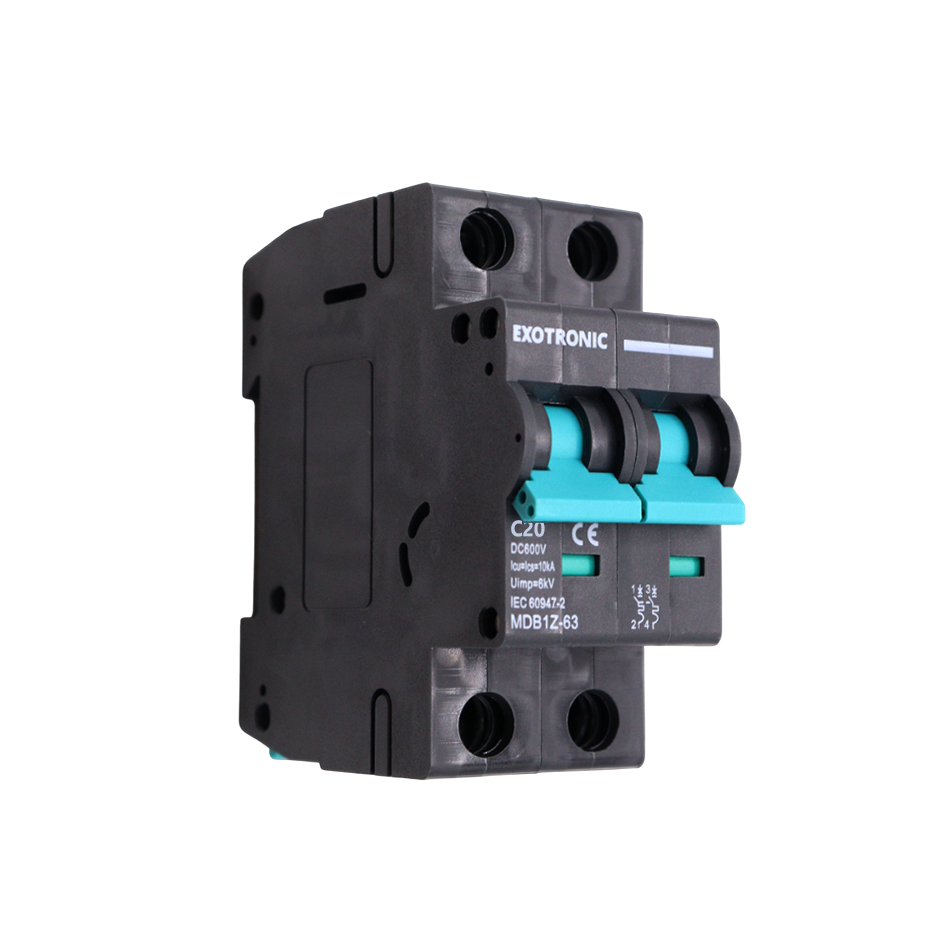 Angled side view of Exotronic 20A 2-Pole DC Circuit Breaker showing teal switches and 20A ratings
