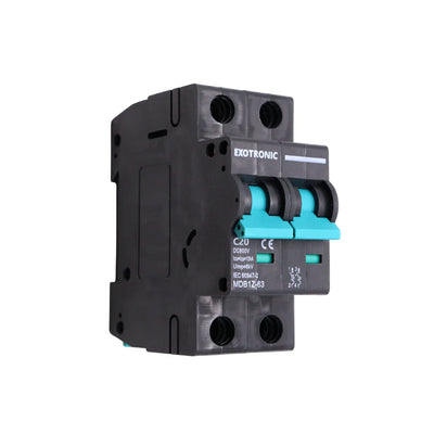 Angled side view of Exotronic 20A 2-Pole DC Circuit Breaker showing teal switches and 20A ratings