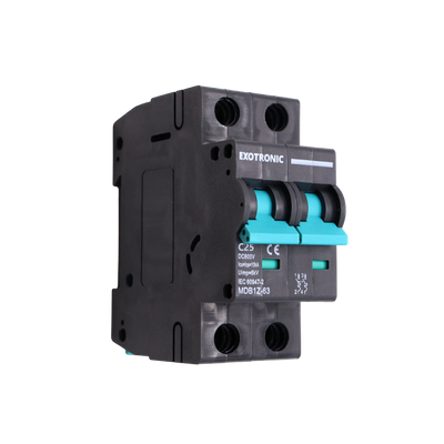 Angled side view of Exotronic 25A 2-Pole DC Circuit Breaker showing teal switches and 25A ratings