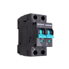 Angled side view of Exotronic 32A 2-Pole DC Circuit Breaker showing teal switches and C32 ratings