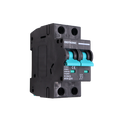 Angled side view of Exotronic 63A 2-Pole DC Circuit Breaker showing teal switches and 63A ratings