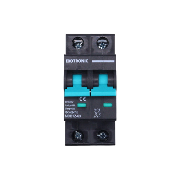 Front view of 10A DC circuit breaker in OFF position with green safety indicators visible