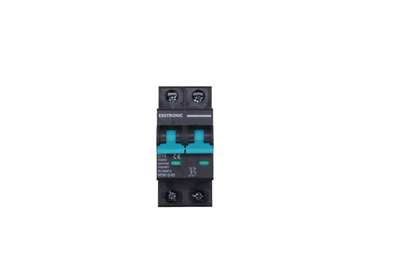 Front view of 50A DC circuit breaker in OFF position with green safety indicators visible