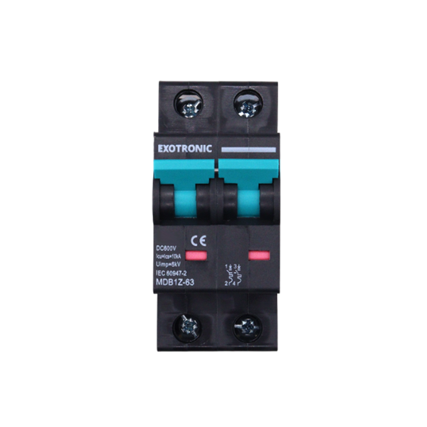 Front view of 10A DC circuit breaker in ON position with red status indicators visible
