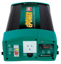 Front view of 2000W inverter showing AC outlet, RCD safety switch and digital display