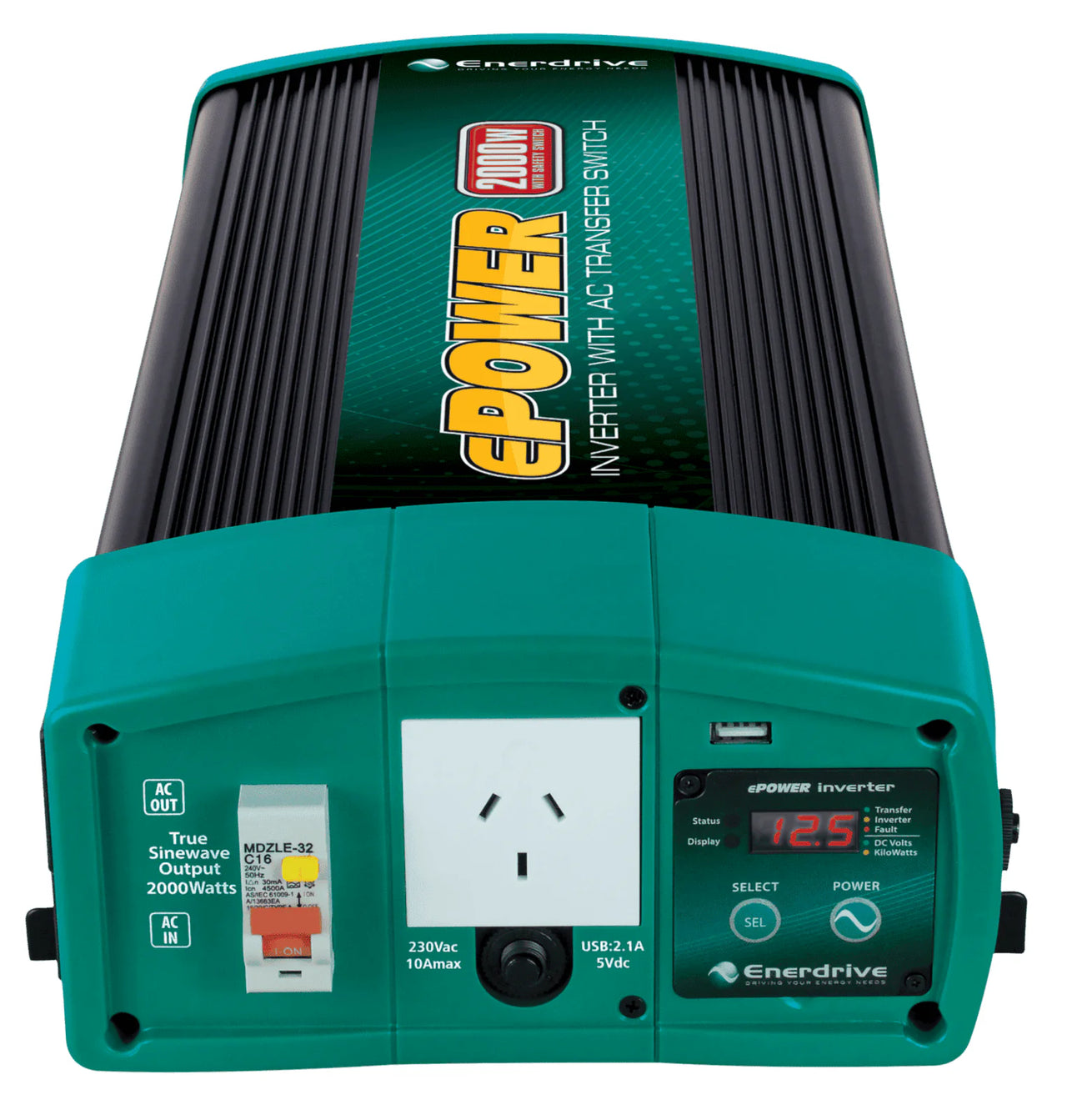 Front view of 2000W inverter showing AC outlet, RCD safety switch and digital display