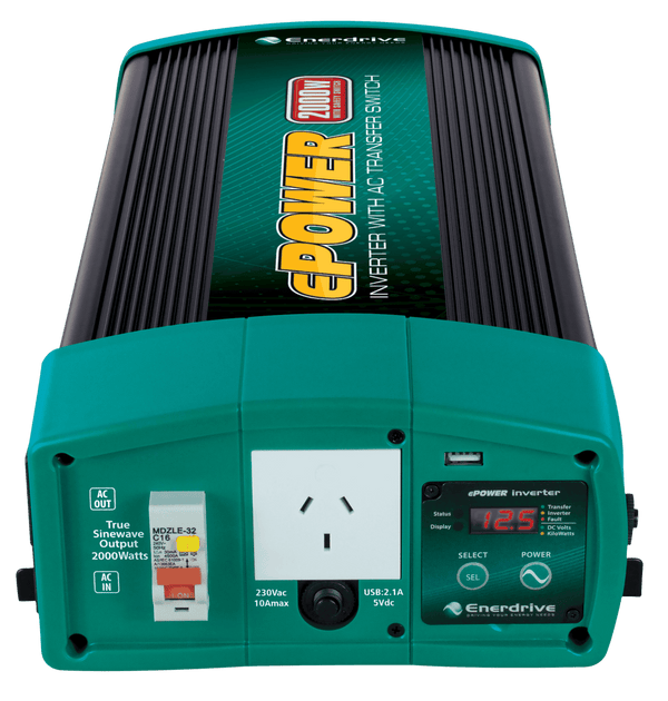 Front view of 2000W inverter showing AC outlet, RCD safety switch and digital display