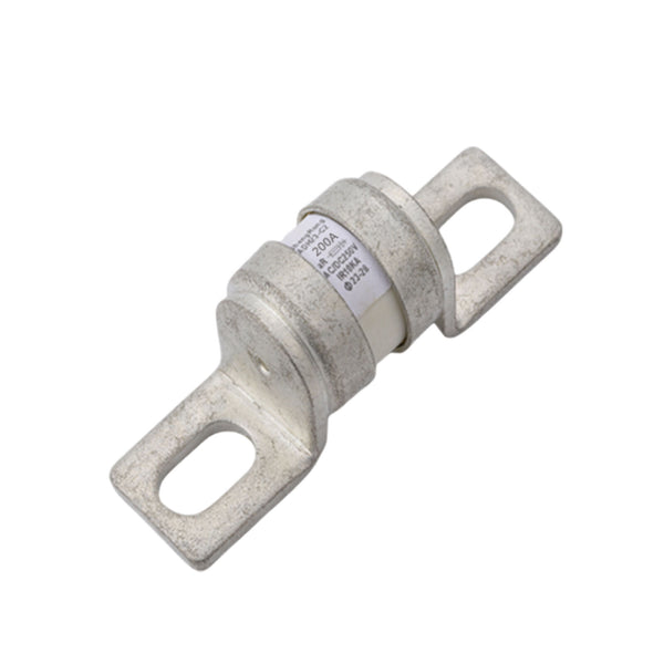 Angled view of 200A MEGA-style ceramic fuse showing metal terminals and printed rating specifications