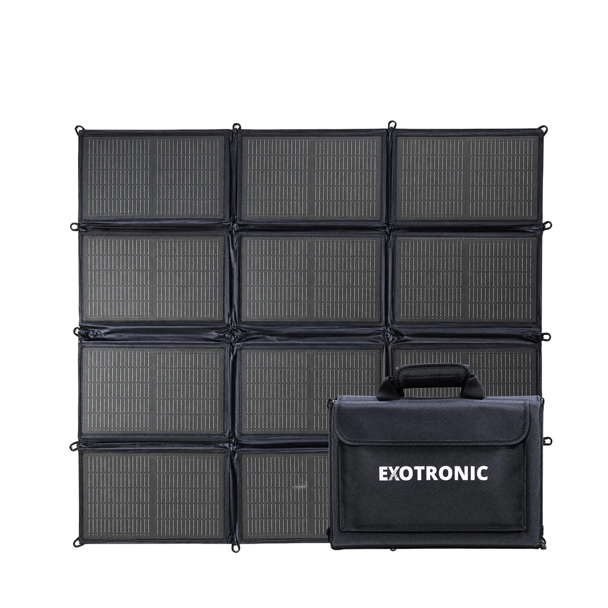 200W folding solar blanket unfolded into a 12-cell grid with its compact carry bag