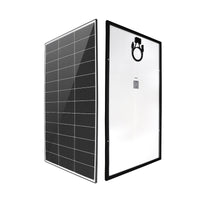 Front and rear perspective of 200W rigid solar panel displaying connector cables