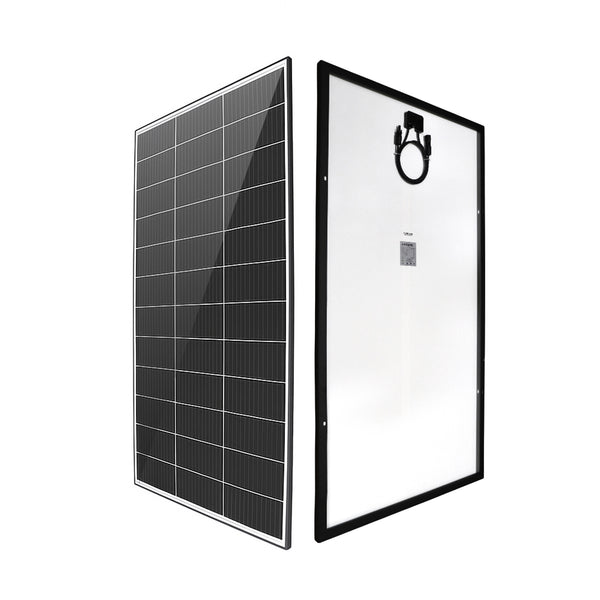 Front and rear perspective of 200W rigid solar panel displaying connector cables