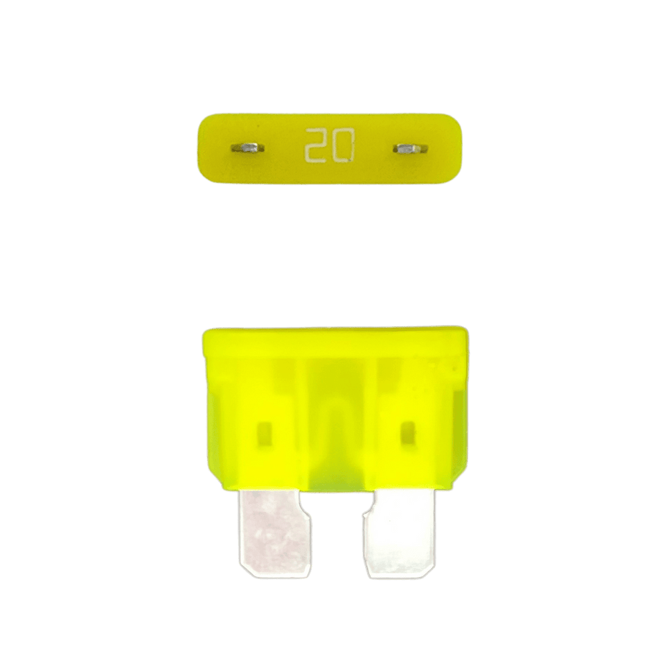 Yellow 20A ATO/ATC automotive blade fuse with silver-plated terminals showing top and side profiles