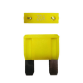Yellow 20A maxi blade fuse showing top amperage rating and side profile with silver terminals