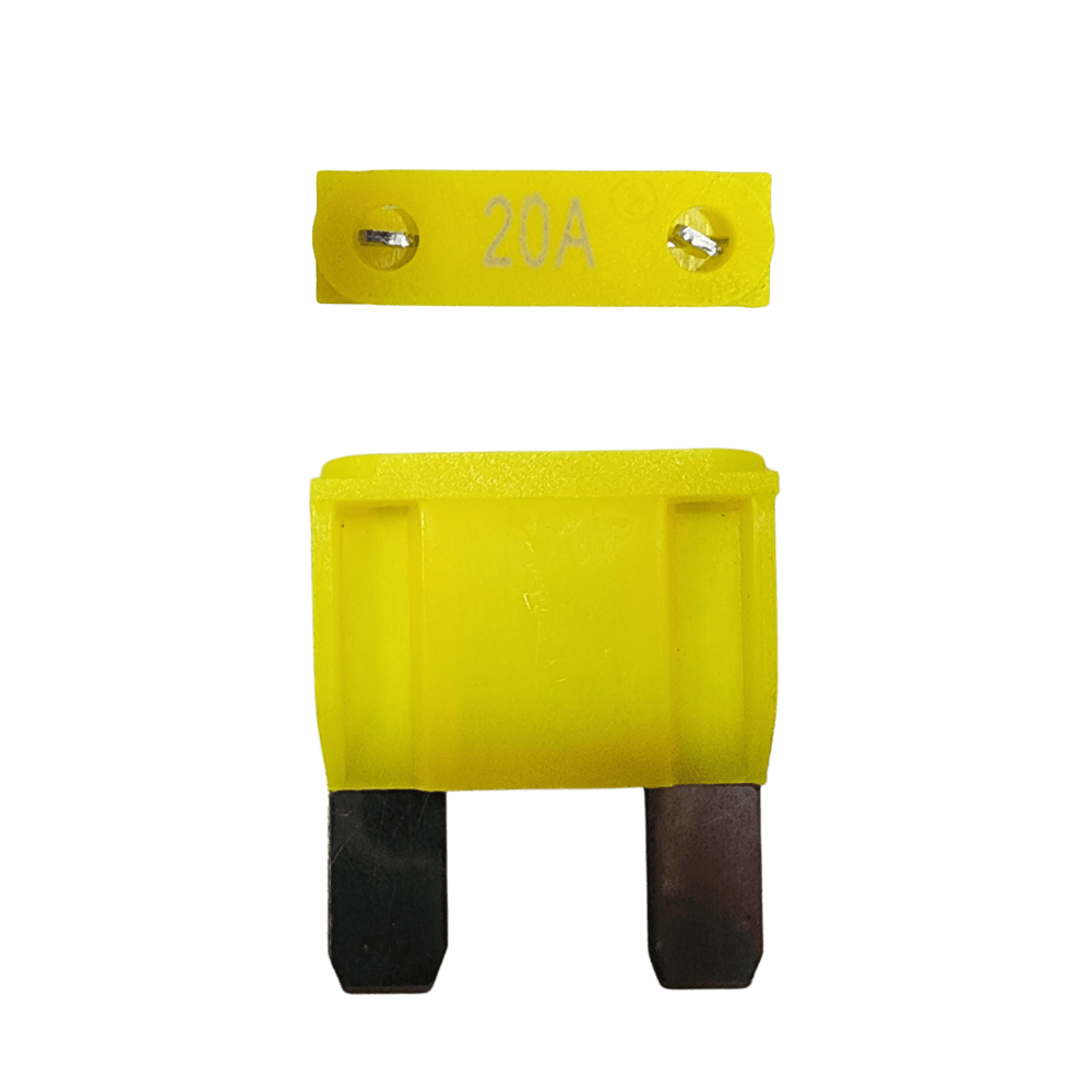 Yellow 20A maxi blade fuse showing top amperage rating and side profile with silver terminals