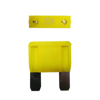 Yellow 20A maxi blade fuse showing top amperage rating and side profile with silver terminals