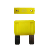 Yellow 20A maxi blade fuse showing top amperage rating and side profile with silver terminals