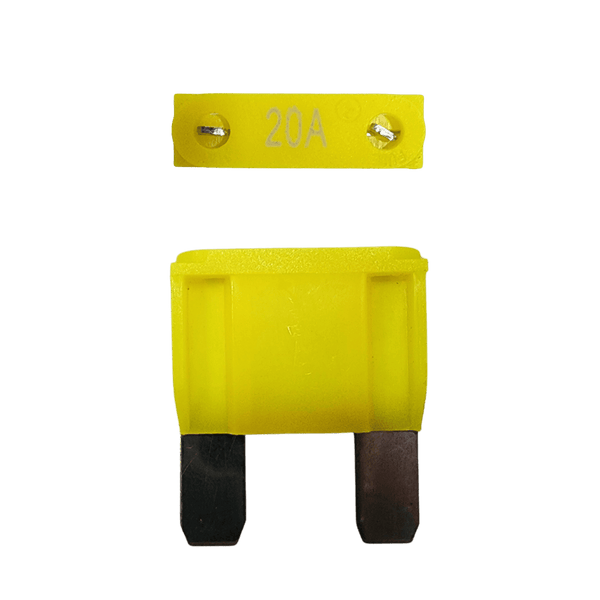 Yellow 20A maxi blade fuse showing top amperage rating and side profile with silver terminals