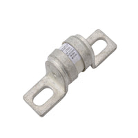 Angled view of 250A MEGA-style ceramic fuse showing metal terminals and printed rating specifications