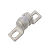 Angled view of 250A MEGA-style ceramic fuse showing metal terminals and printed rating specifications