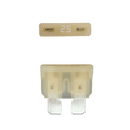 Beige 25A ATO/ATC automotive blade fuse with silver-plated terminals showing top and side profiles