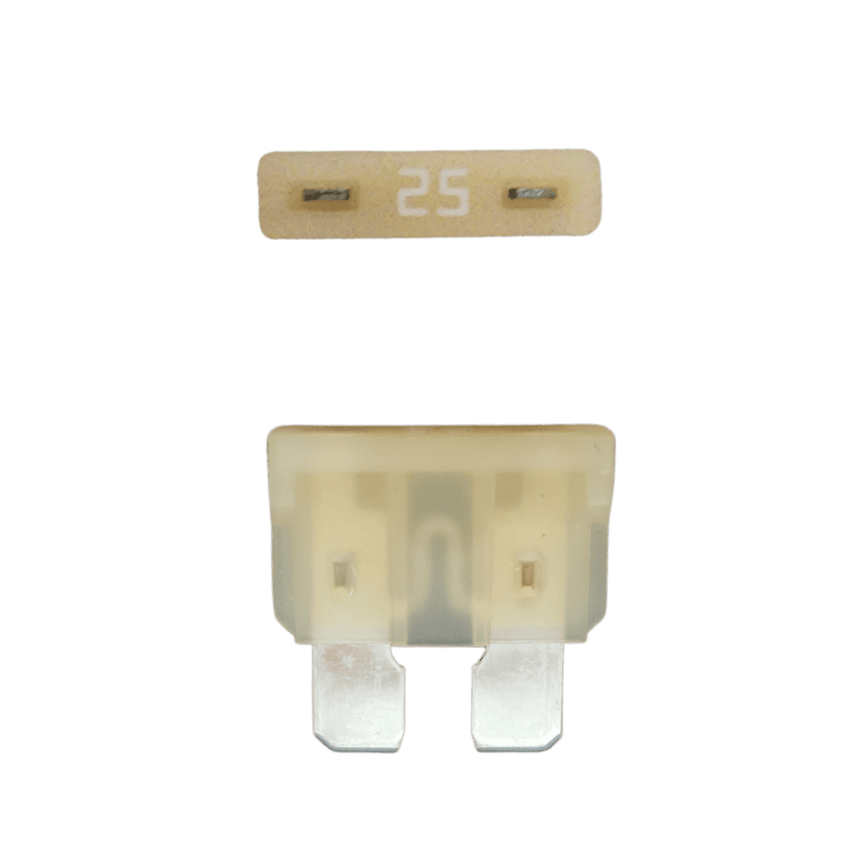 Beige 25A ATO/ATC automotive blade fuse with silver-plated terminals showing top and side profiles