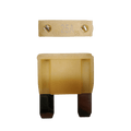 Yellow 25A maxi blade fuse showing top amperage rating and side profile with silver terminals