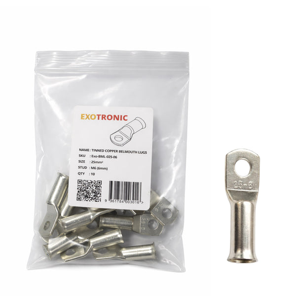 10 pack of 25mm² tinned copper bellmouth lugs with M6 stud hole and one loose lug
