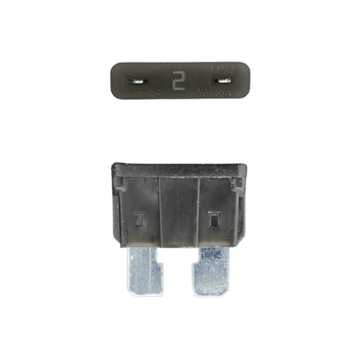 Grey 2A ATO/ATC automotive blade fuse with silver-plated terminals showing top and side profiles