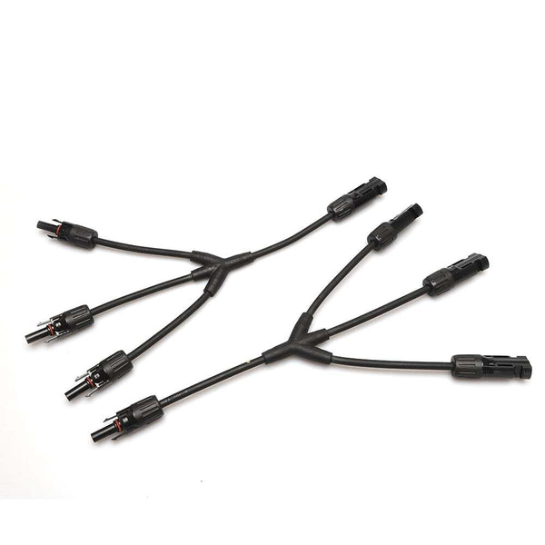 Flat view of a pair of 3-to-1 Y-branch solar connectors with triple inputs merging to single outputs