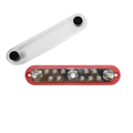 Overhead view of red busbar with three M10 studs, ten screws and detached clear cover
