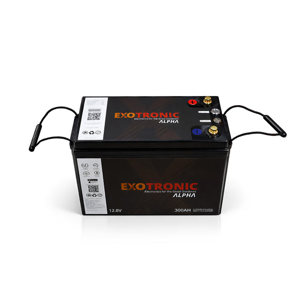 Front view of the Exotronic 12.8V 300Ah battery with rope handles extended on both sides