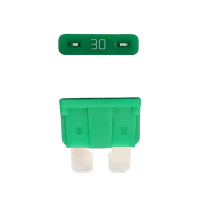 Green 30A ATO/ATC automotive blade fuse with silver-plated terminals showing top and side profiles