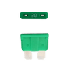 Green 30A ATO/ATC automotive blade fuse with silver-plated terminals showing top and side profiles