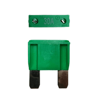 Green 30A maxi blade fuse showing top amperage rating and side profile with silver terminals