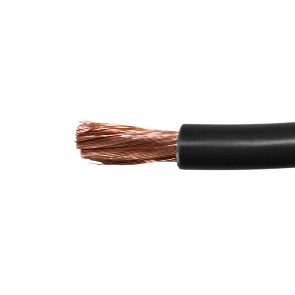 Close-up of 32mm² automotive cable with multi-strand copper core and black insulation