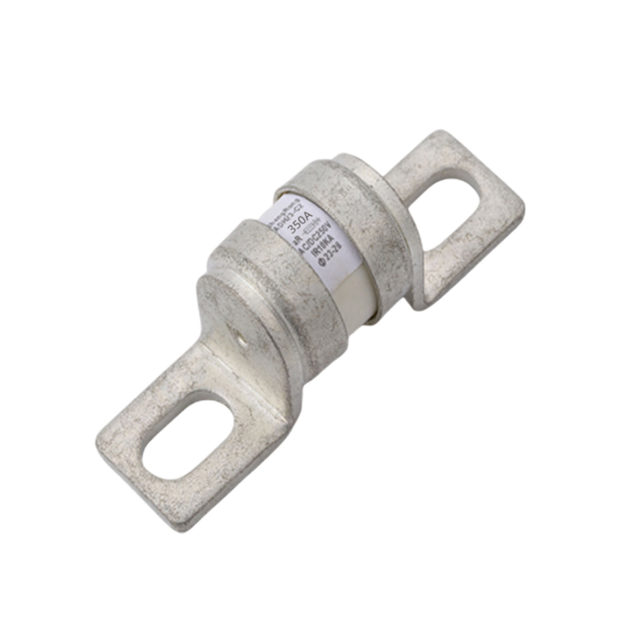 Angled view of 350A MEGA-style ceramic fuse showing metal terminals and printed rating specifications