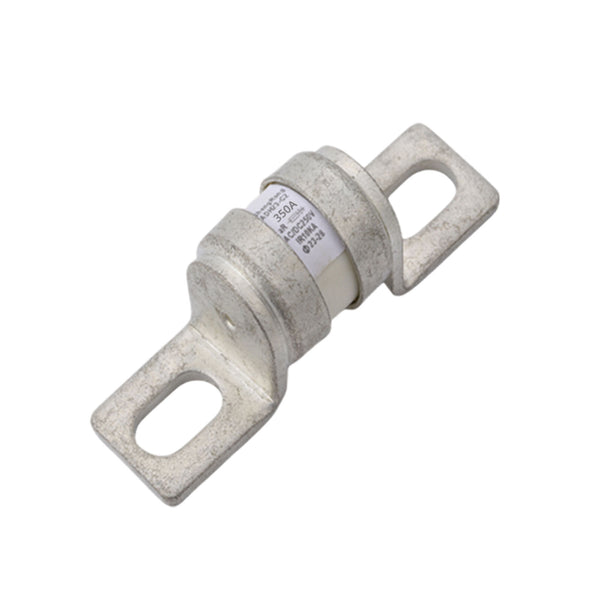 Angled view of 350A MEGA-style ceramic fuse showing metal terminals and printed rating specifications