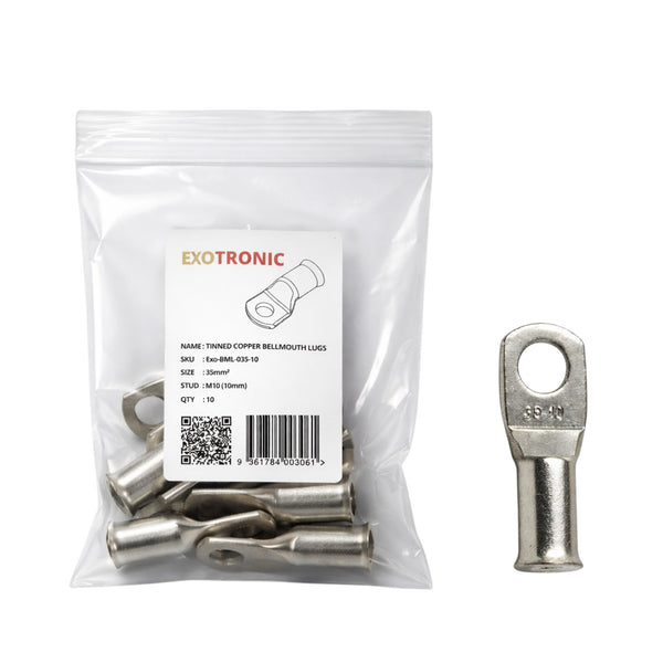 10 pack of 35mm² tinned copper bellmouth lugs with M10 stud hole and one loose lug