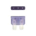 Purple 3A ATO/ATC automotive blade fuse with silver-plated terminals showing top and side profiles