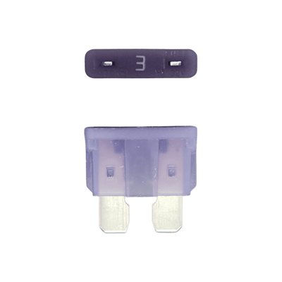 Purple 3A ATO/ATC automotive blade fuse with silver-plated terminals showing top and side profiles