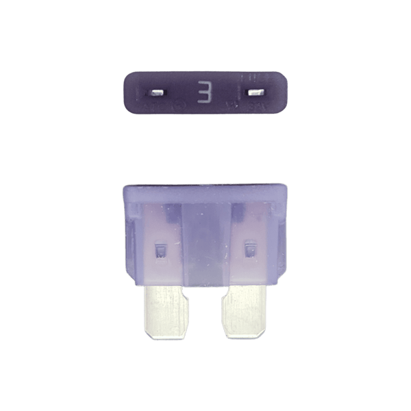 Purple 3A ATO/ATC automotive blade fuse with silver-plated terminals showing top and side profiles