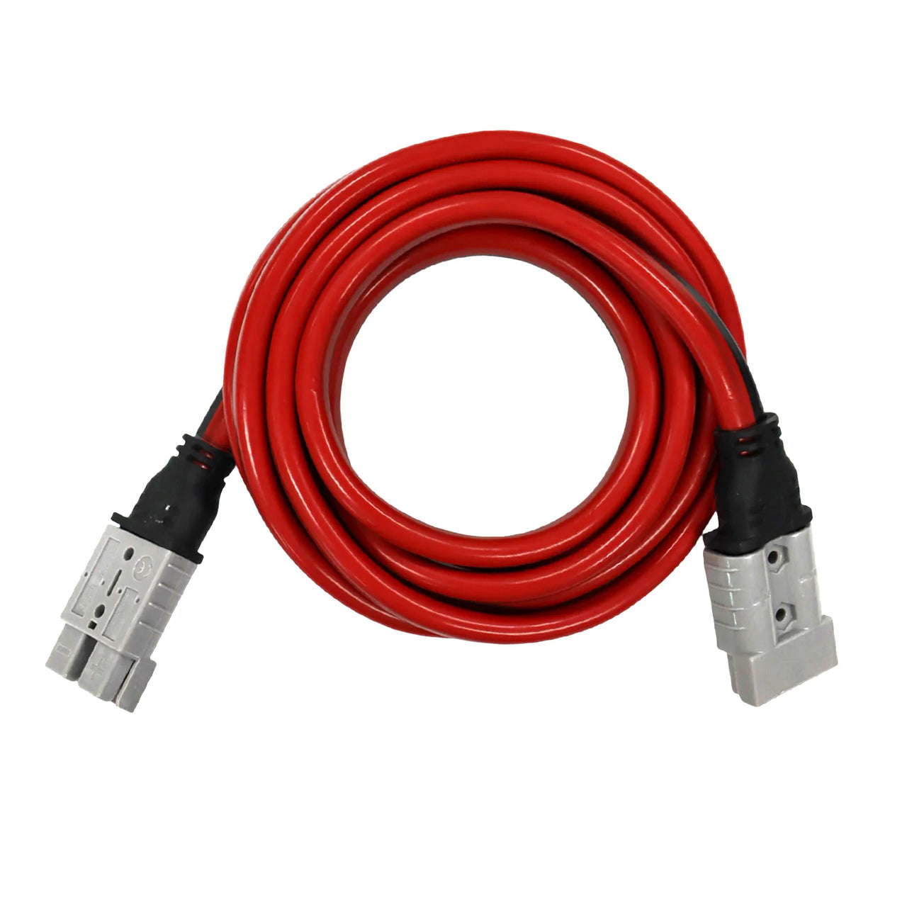 Top-down view of coiled 3m red 8AWG extension cable with 50A Anderson style connectors