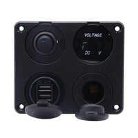 Front view of 4-gang flush mount panel with switch, voltmeter, USB ports and 12V socket