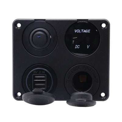 Front view of 4-gang flush mount panel with switch, voltmeter, USB ports and 12V socket