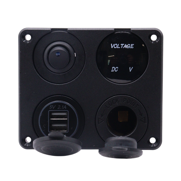 Front view of 4-gang flush mount panel with switch, voltmeter, USB ports and 12V socket