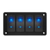 Front view of 4-gang marine rocker switch panel with blue LED indicators and black aluminum faceplate