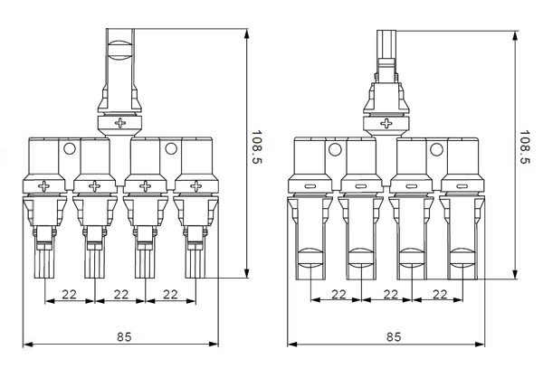 Technical line drawing with dimensions for the 4-to-1 branch joiner