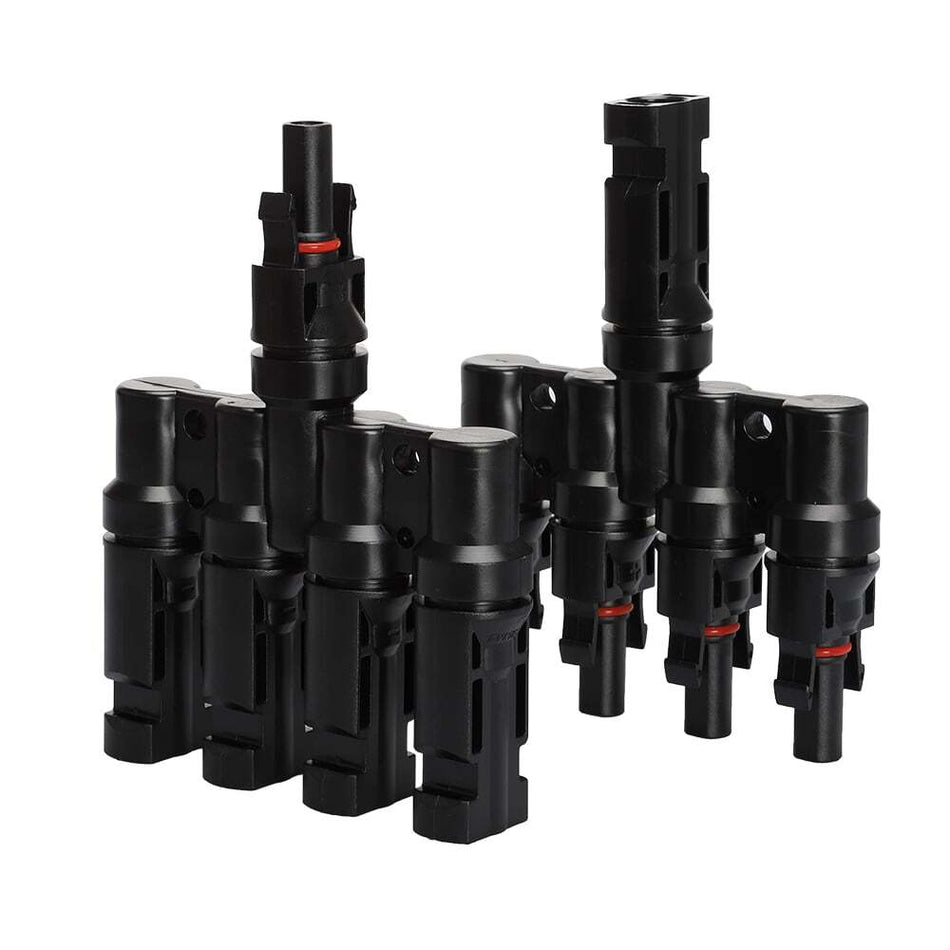 Upright pair of Exotronic 4-to-1 branch connectors showing single and quad port configurations