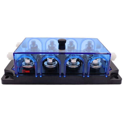 Front view of 4-way mega fuse holder with blue cover and 23mm cable opening dimension
