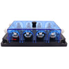 Front view of 4-way mega fuse holder with blue cover and 23mm cable opening dimension